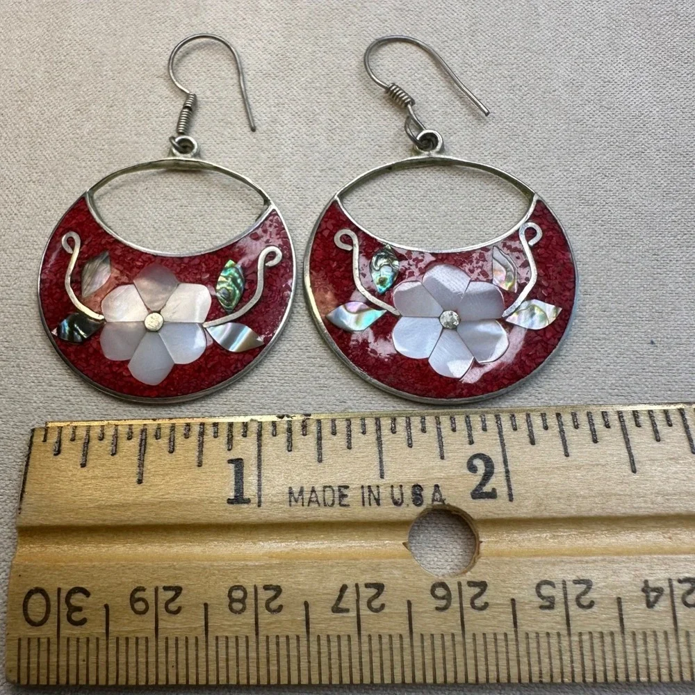 Alpaca Mexico Women Earrings Red Inlay Mother of Pearl Abalone Shell Boho Floral